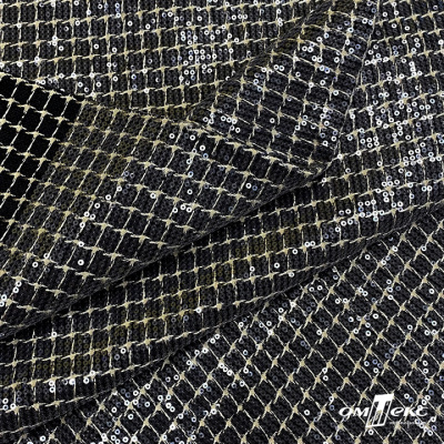 Ткань костюмная с пайетками, 100%полиэстр, 460+/-10 гр/м2, 150см #309 - цв. чёрный - купить в Бердске. Цена 1 203.93 руб.